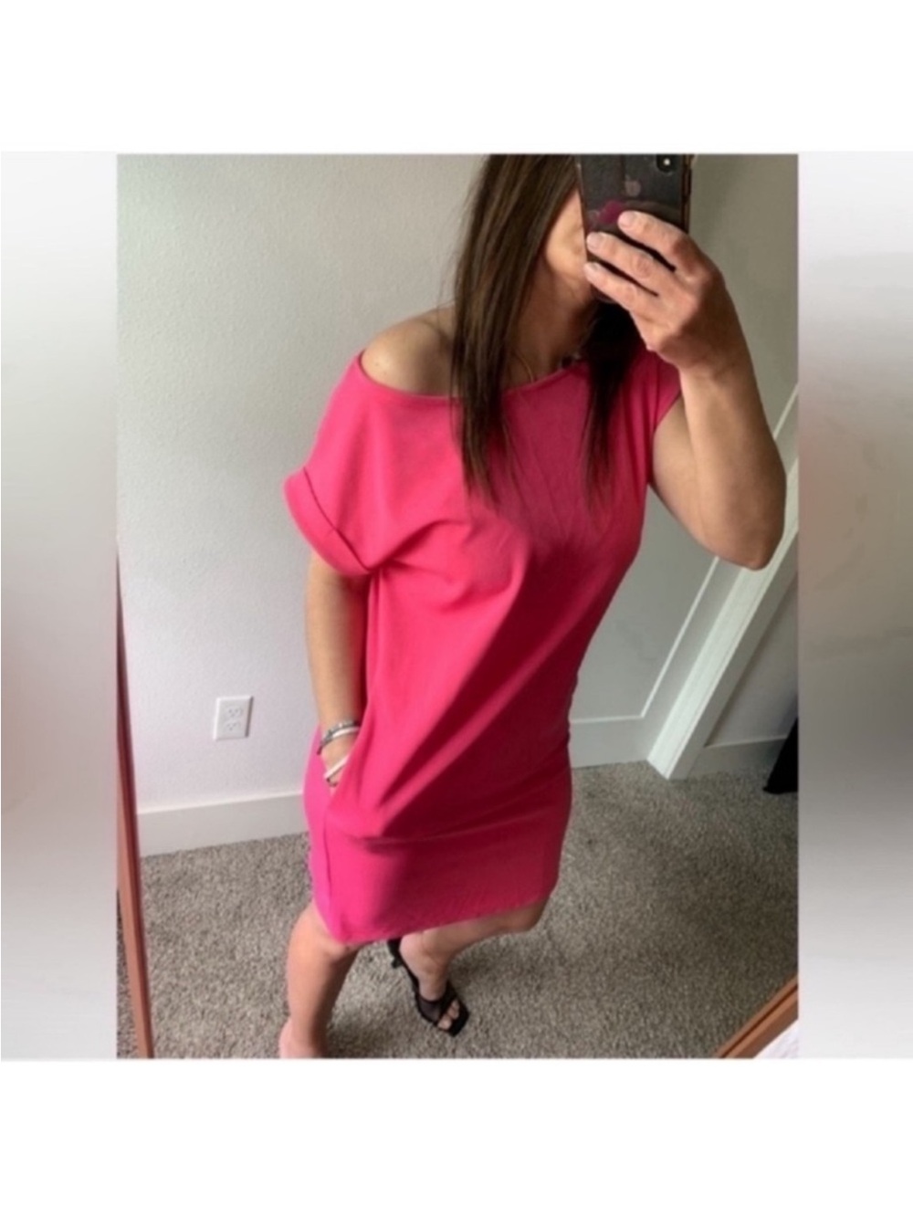 Bibi Pink mini Summer dress Sz M Boatneck Folded short sleeves